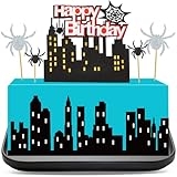 33 Pieces City Cake Border Decoration Spider Birthday Cake Toppers City Topper Spider Cake Decorations Lighted City Backdrop for Party Supply Baby Girl Boys Cupcake Boys Kids