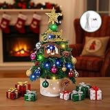Sotiff Small Christmas Tree with Lights- 22 Inch Mini Tabletop Christmas Tree with LED Lights, Nativity Mini Xmas Decor with Star Treetop and Hanging Ornament, Holiday Indoor DIY Xmas Decoration