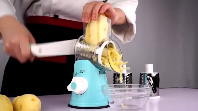 X Home Râpe à fromage rotative, mandoline de cuisine, trancheuse de légumes, râpe à fromage avec base d'aspiration en caoutchouc, 3 lames de tambour en acier inoxydable incluses, facile à utiliser et