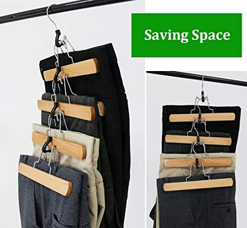 ilauke 12 Pack Wooden Trouser Clamp Hangers, Wood Pant Hangers Non Slip, Wrinkle-Free, 360 Degree Swivel Hook with 5 Hooks for Pants, Skirts, Scarf