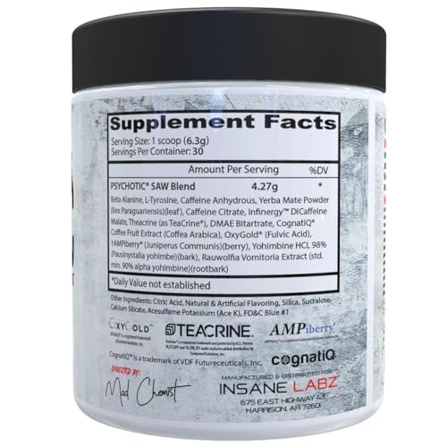 Image of Insane Labz Psychotic Saw, High Stim Pre Workout Powder with OxyGold­ and AMPiberry,Extreme Lasting Energy with Teacrine,Focus with CognitIQ and Endurance (30 Servings, Blue Raspberry)
