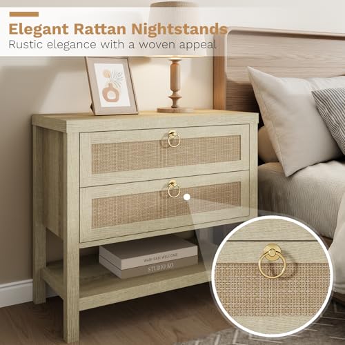 Image of Eclatara Large Rattan Night Stands:Boho Nightstand with Drawers and Storage Shelf, Reclaimed Light Oak Bedside Table End Table Side Table for Bedroom(Reclaimed Light Oak,1 Piece)