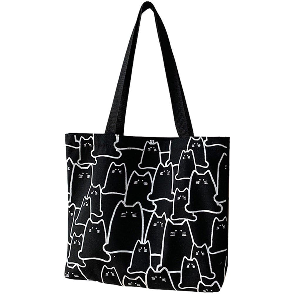 Fituenly Cat Tote Bag Canvas Reusable Cat Shopping Bag with Pocket for Women Girls Cats Lover
