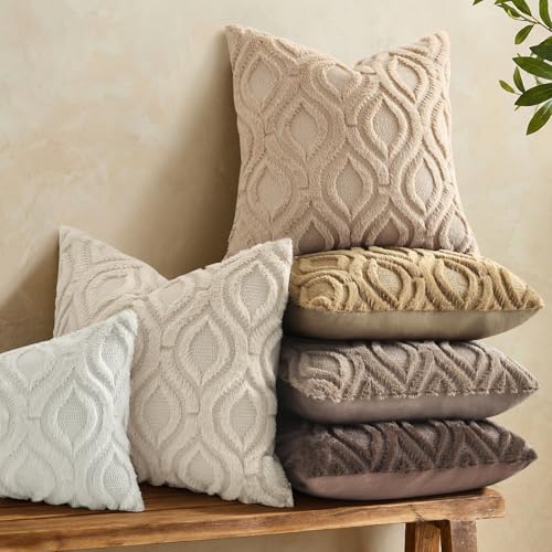 Image of decorUhome Fall Throw Pillow Covers 12x20 Inch Set of 2, Soft Plush Faux Wool Light Khaki Solid Couch Pillow Covers, Accent Farmhouse Neutral Rectangle Pillow Cases for Sofa Bed Living Room