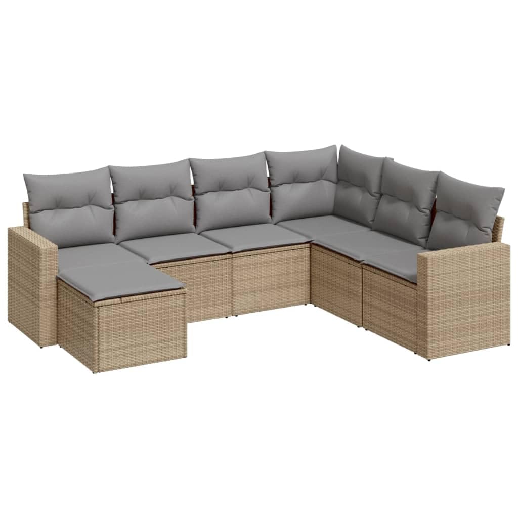 Set da 7 pezzi in polyrattan beige con cuscini, divano da giardino in PE rattan con vano portaoggetti e borsa idrorepellente, gruppo di sedute modulari con rivestimenti sfoderabili e lavabili