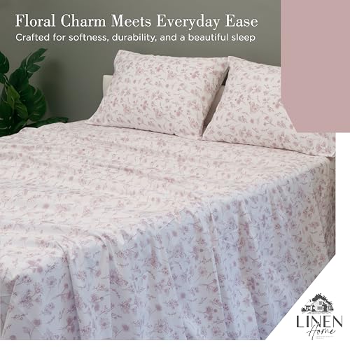 Image of Linen Home Cotton Percale Flat Bedsheet Set King Size Floral Mauve