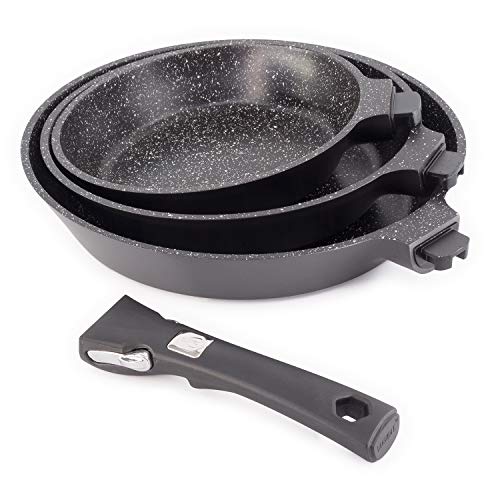 Lot de 3 poêles effet pierre poignée amovible 20-24-28 cm Grand Cru 2ème génération - Laguiole Qualité Pro