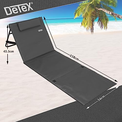DETEX® 2X Strandmatte mit Rückenlehne Gepolstert Anthrazit Sonnenliege klappbar UV-beständig Tasche Reißverschluss Kissen Tragegurt Garten Camping Picknick Liegematte 158x56cm