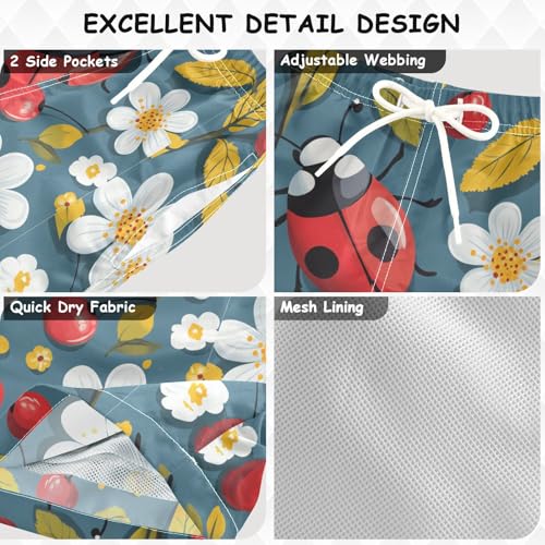 Pigsaly Boys' Swim Board Shorts Cherry Flower Ladybug Boy's Swim Trunks Kids Swimwear 4T3