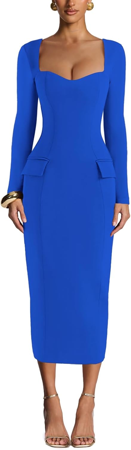 Puhrissimus Bodycon Maxi Dress for Women Sweetheart Neck Long Sleeve Cocktail Party Work Business Pencil Dresses
