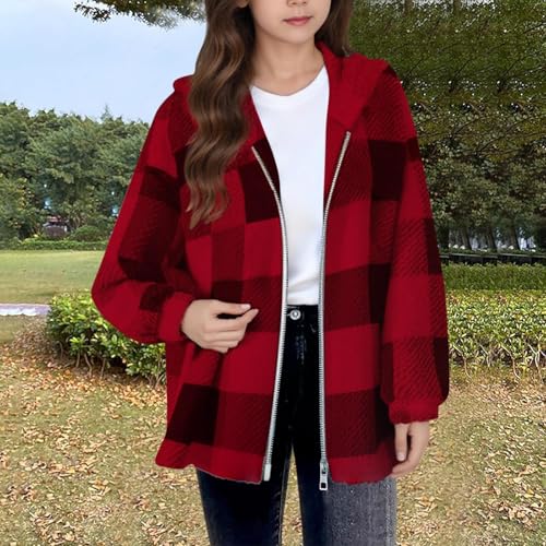 Girls Fleece Jacket with Pocket Zip up Hooded Plaid Shacket Kids Long Sleeve Sherpa Winter Warm Outwear Teen Clothes2
