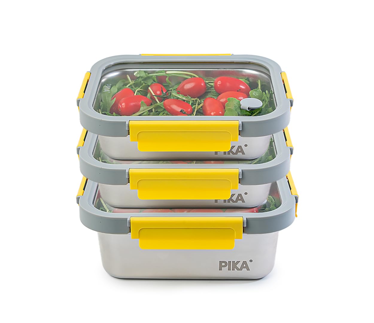 PIKA - Set di 3 contenitori per alimenti in acciaio inox e coperchio in vetro temperato - Ermetico e leggero - Compatibile con microonde, forno, congelatore - MetalShock