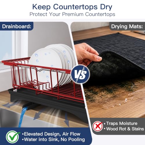 Image of JASIWAY Red Dish Drying Rack in Sink with Drainboard and Utensil Holder