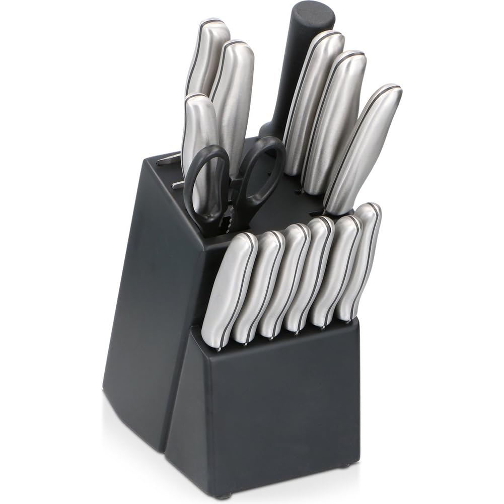 BAKAJI Set Coltelli da Cucina con Ceppo Professionale, Set 15 Pezzi Chef in Acciaio con Impugnatura Ergonomica e Lama Durevole, Porta Coltelli per Cucinare con Custodia Autoportante 35 x 15 x 15 cm