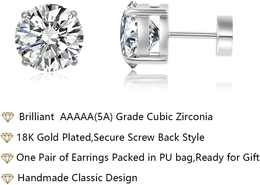 Hypoallergenic Flat Back 5A CZ Stud Earrings, Gold Plated Surgical Steel Secure Screw Back Cartilage Earrings for Women Men with Sensitive Ears | Multiple Piercing, 3-8mm CZ - Image 3