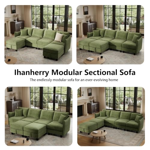 Image of Ihanherry 112 inch Modular Sectional Sofa U Shape Couches with Storage Ottoman, Comfy Chenille Convertible 6-Seat Furniture Set for Living Room, Green