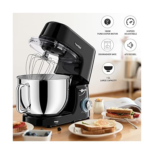 Homlee Küchenmaschine Knetmaschine 1800W, Teigmaschine mit 7.2L Edelstahlschüssel, 6 Geschwindigkeit Reduzierte Geräusche, Multifunktion mit Rührbesen, Rührhaken, Knethaken, Spritzschutz – Bild 3