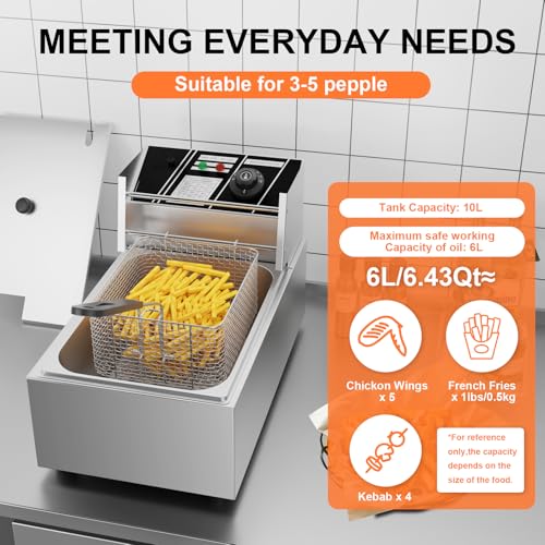 TAIMIKO Electric Deep Fryer Deep Fat Fryer Stainless Steel Chip Fryer Single Fat Tank 10L 2500W with Lid 6L Oil Easy Clean - Image 4