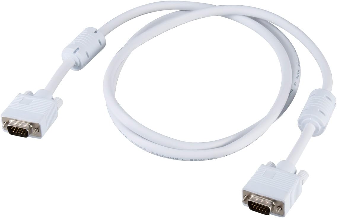 1.5m White Color VGA to VGA Cable with 2 Real Ferrite Core - 15 Pin Male to Male Plug DB15 Computer Monitor Cable Wire Cord 4.5 Feet (1.5 Meters)
