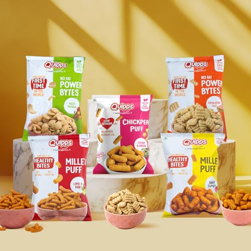 Image of Quipps Healthy Puffs Trial Pack Combo | Non-Fried Roasted Puffs Snack | Plant Protein & Gluten Free | Non-GMO, Heart-Friendly | Low Sodium, No Palm Oil | Low Calorie, High Fiber Healthy Crunchy Snack for Office, Travel & Evening Munching | 5 Flavours | Pack of 5 (60g Each)
