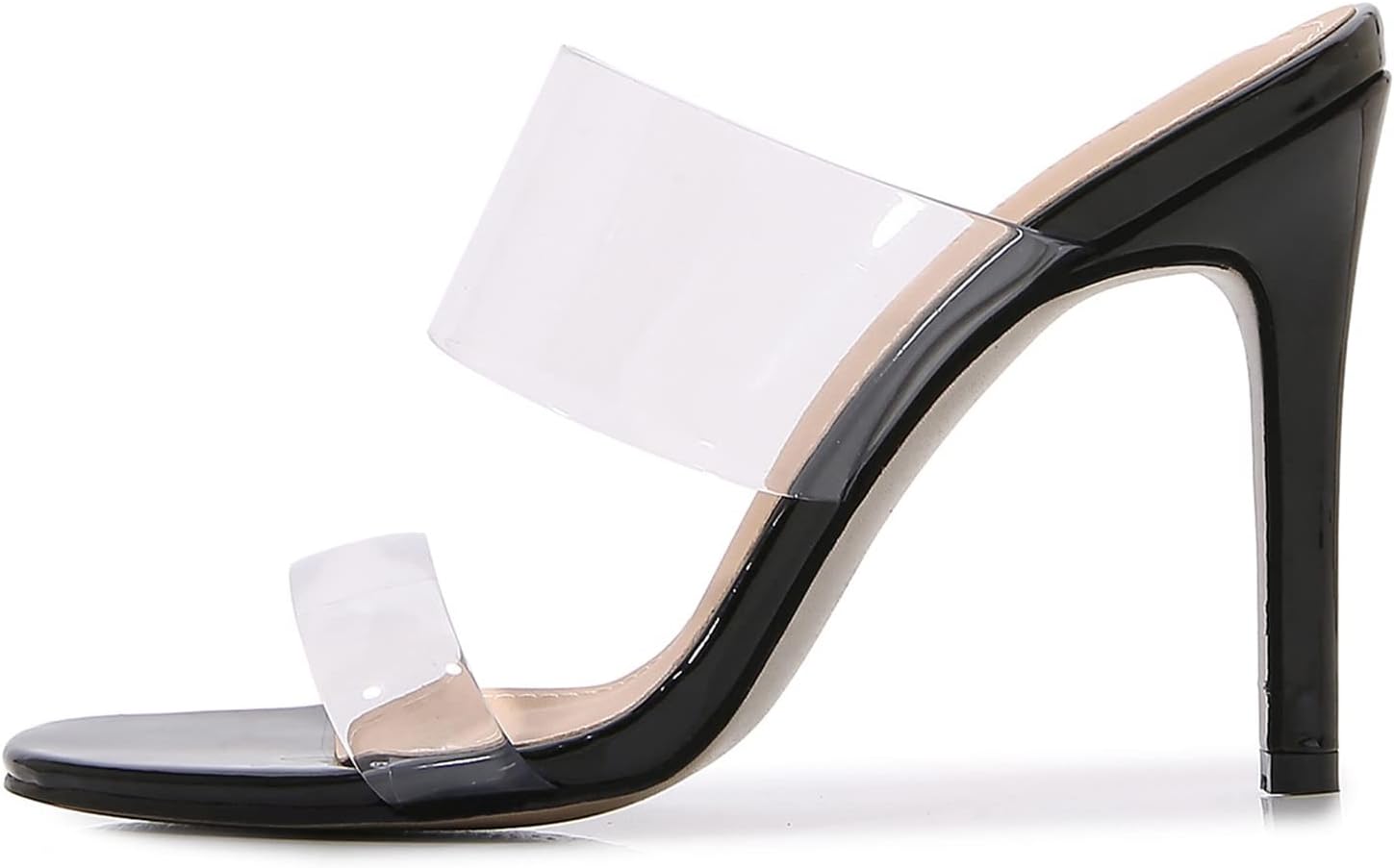 Husmeu Women's Clear Heeled Sandals Square Toe Two Strap Stiletto High Heeled Sandal Transparent Strap Backless Slip on Mules Heeled Sandals - Image 5