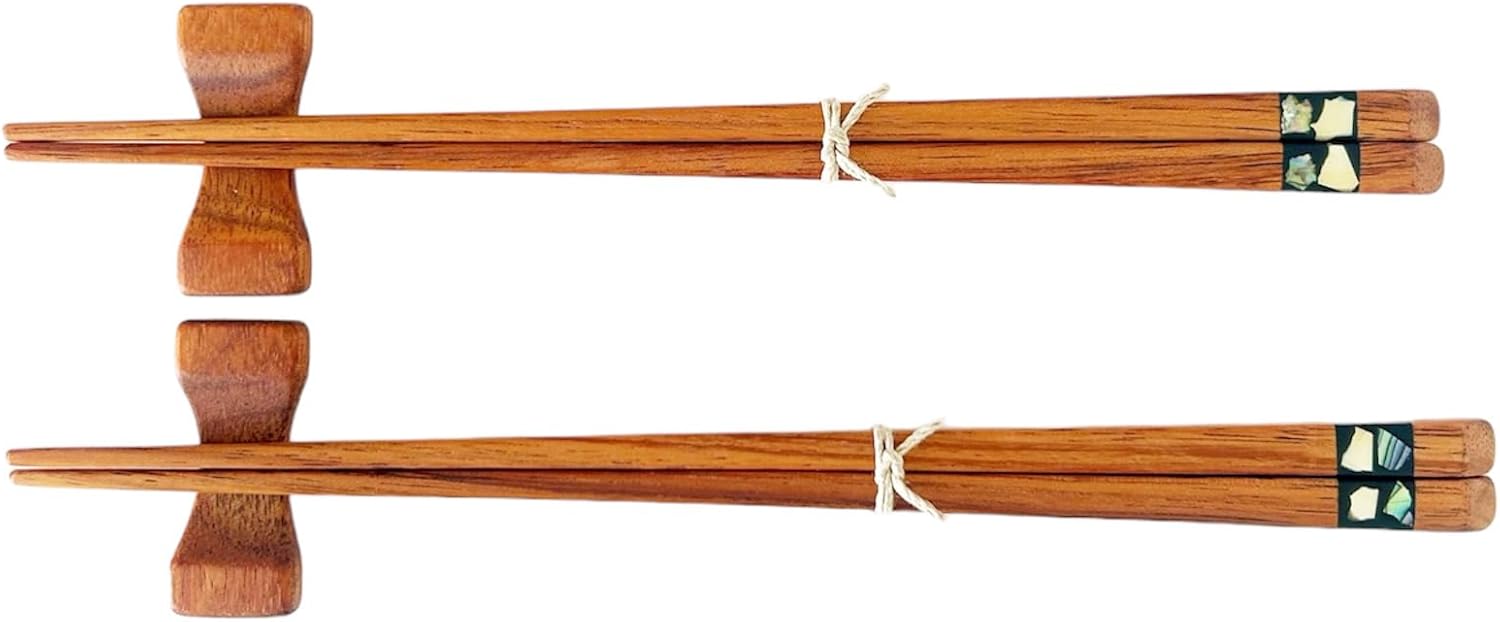 Handmade His and Hers Shell Inlay Koa Wood Chopsticks Set with Holder