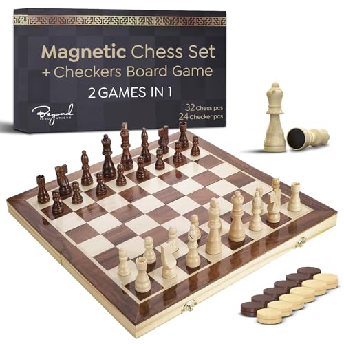 Wooden Magnetic Chess Set & Checkers Board Game, 15” Foldable Chess Board | Solid Wood 2-in-1 Board Game for Adults with Storage Box, 2 Extra Queens, Portable Travel Chess Set for Kids & Beginners