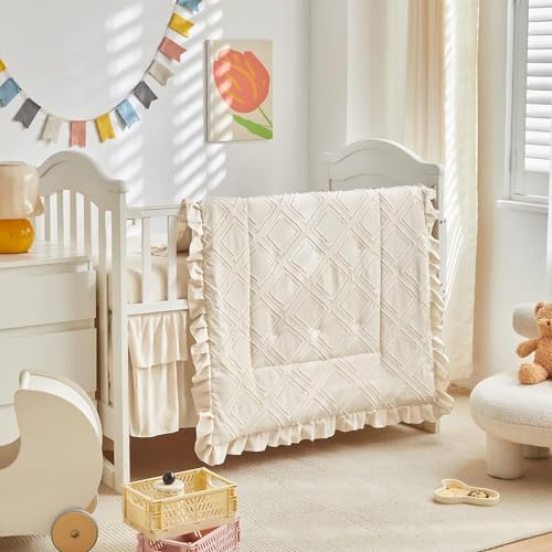 Image of Mini Crib Bedding Set 3 Pieces Baby Boho Quilted Tufted Ruffles Comforter with Fitted Sheet and Ruffled Bed Skirt - Cute Shabby Baby Bedding Fits Mini Crib Only Cream White