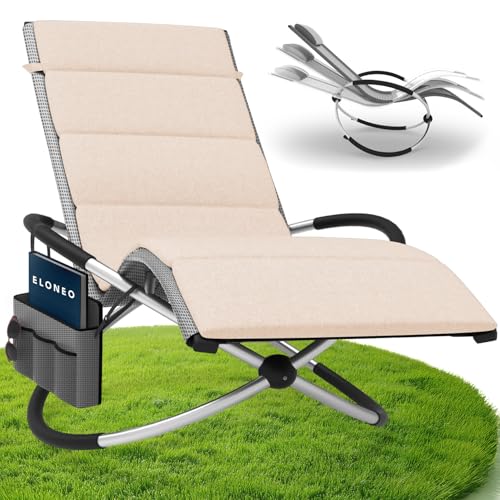 ELONEO Tumbona Mecedora de Exterior con Bolsillo, Silla Relax con Capacidad hasta 180 kg, Silla Mecedora de jardín, Tumbona Resistente a la Intemperie para balcón y terraza con cojín