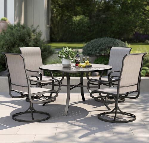 Image of PHI VILLA Patio Dining Set for 4, Round Table & Swivel Mesh Chairs, Grey | 42'' Metal slat table with umbrella hole, E-coating metal frame & Textilene chairs, All-weather design for outdoor, deck