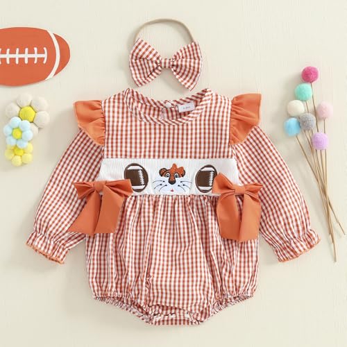 Baby Girl Football Outfit Smocked Bubble Romper Ruffle Long Sleeve Onesie Plaid Jumpsuit Fall Winter Clothes3