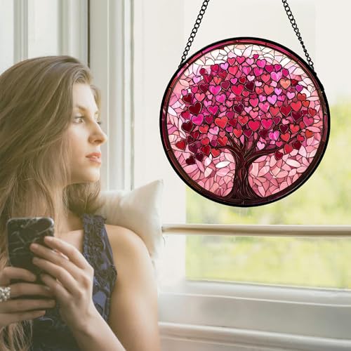 Pink Love Tree Stained Glass Window Hanging Suncatcher Gift for Women 7.8" by DASTOLL - Used condition - Image 5