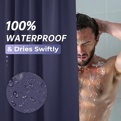 Image of AmazerBath Navy Blue Shower Curtain, Thick PEVA, Heavy Duty Waterproof 72x72 with 3 Weighted Stones and 12 Grommets