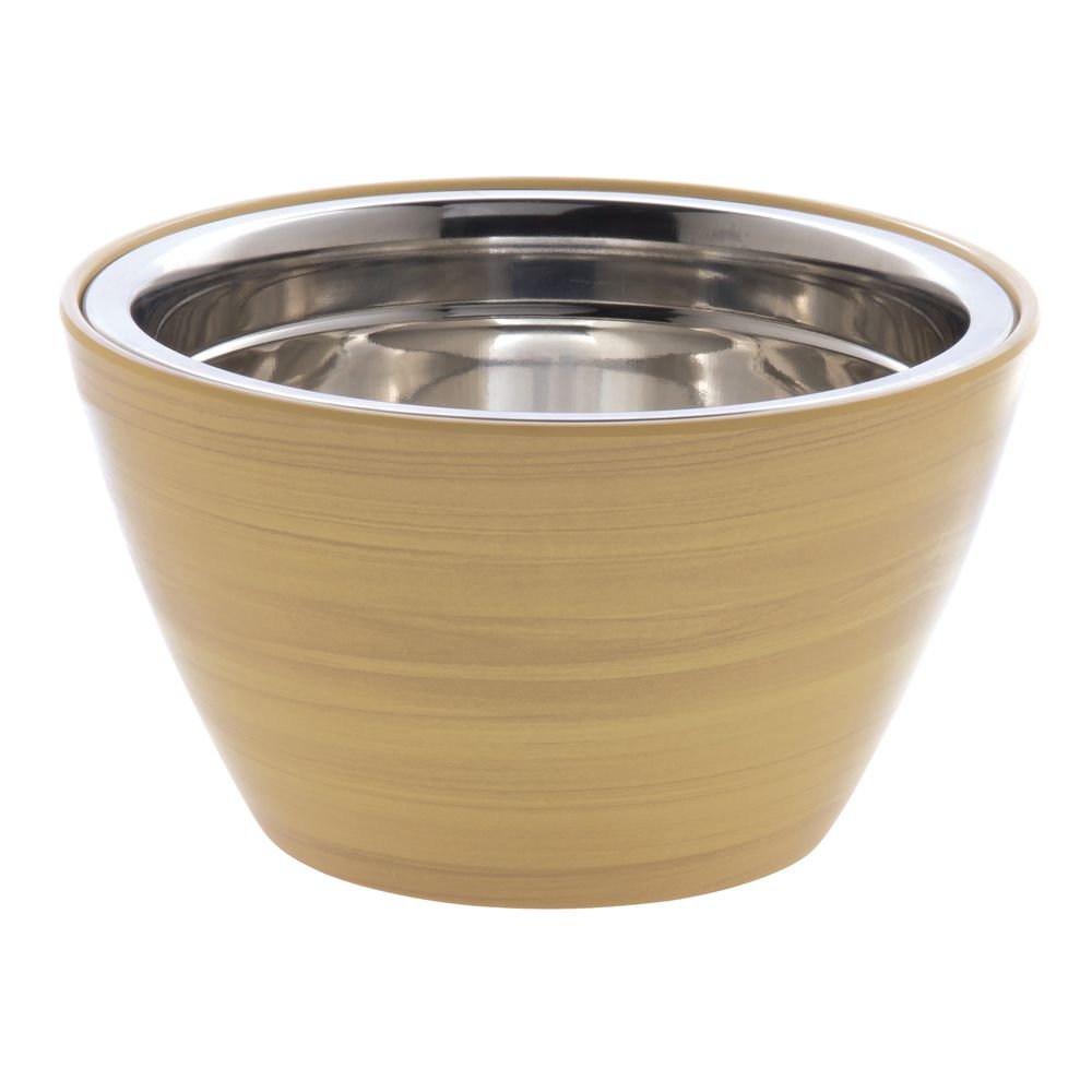 Serving Bowl Butcher Block Faux Wood Melamine with Stainless Steel Insert - 7"Dia x 4"H by HUBERT – Melamine, Brown, Model 57804+31062