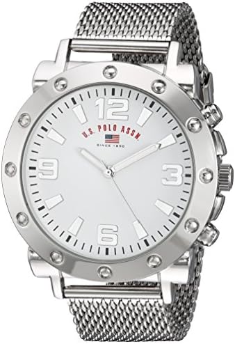 U.S. Polo Assn. Mens Silver Mesh Watch Classic Analog Quartz Timepiece with Bold Bezel Detailing, White Dial & Textured Strap 48mm Case Fits Wrists 5.5 to 8