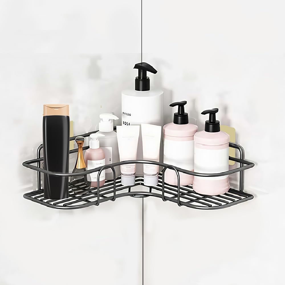 1PCS PACKING Wall Mounted Self-Adhesive Bathroom Corner Shelf/Kitchen Rack & Holder - Bathroom Accessories (Material-GI Metal, Powder Coated Finish, Black|type -258 for home and kitchen