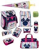 Schultaschen-Set 10-teilig!! Der ca. 1.000 Gramm leichte, ergonomische Mädchen-Schulranzen in den Farben Rosa, Pink und Dunkel-Blau hat eine stabile Rahmenkonstruktion und einen stoßfesten Kunststoffboden. Motiv: Disney´s Minnie Mouse; Block-Streifen mit Glitzer Pailletten Schleife. Maße (L/H/B): 36x37x23 cm. Durch sein geringes Eigen-Gewicht und nach den neuesten medizinischen Erkenntnissen entwickelten ergonomischen Eigenschaften ist der Scooli Campus Fit bestens geeignet ab der erste-n Klasse