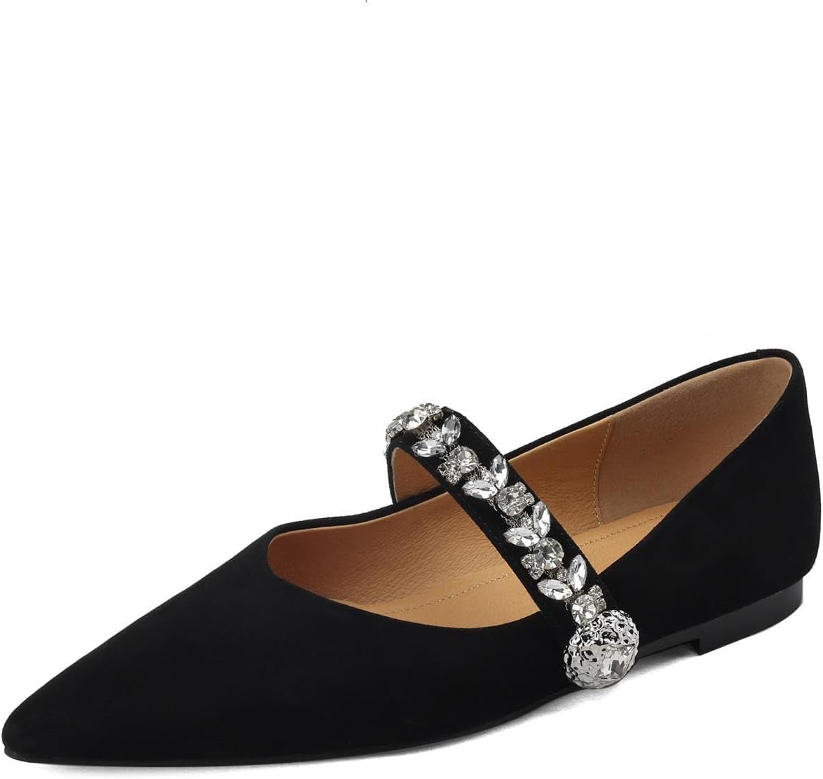 TinaCus Women's Genuine/Suede Leather Pointed Toe Rhinestone Handmade Soft Slip On Ballet Flats