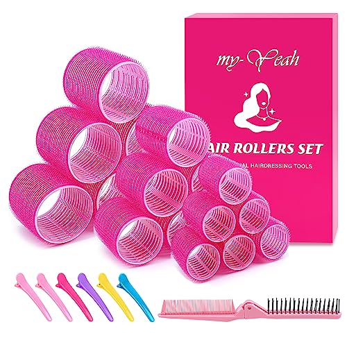 Self Grip Hair Curler Rollers Set 31Pcs,Hair Roller For Long Medium Short Thick Fine Thin Hair Bangs Volume,Rose Red Hair Curlers Set With 18 Rollers 12 Duckbill Clips 1 Comb,3 Sizes Salon Hair Dressing Roller #TOP16