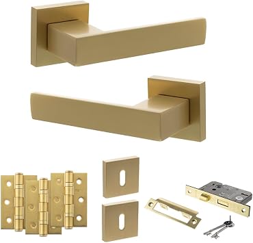 Lever Door Handle on Square Rose Complete Door Pack with Sash Lock Set - Hardware Fittings Included 3" Grade 7 Hinges x3, Satin Brass, 2.5"