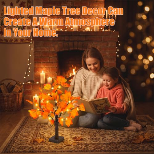 Artificial Fall Lighted Maple Tree 24 LED Thanksgiving Decorations Table Lights Battery Operated for Wedding Party Gifts Indoor Outdoor Autumn Harvest Home Decor