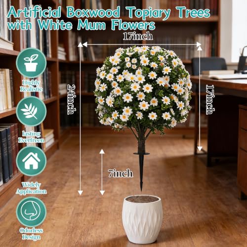 Image of 2 Pack Artificial Boxwood Topiary White Mum Flowers 24 UV Resistant Outdoor