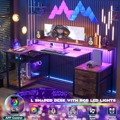 Aheaplus L Shaped Desk with File Drawer, Reversible L Shaped Computer Desk Gaming Desk with Power Outlet & LED Strip, Home Office Desk Corner Desk with Monitor Shelf, Storage Shelves, Rustic Brown