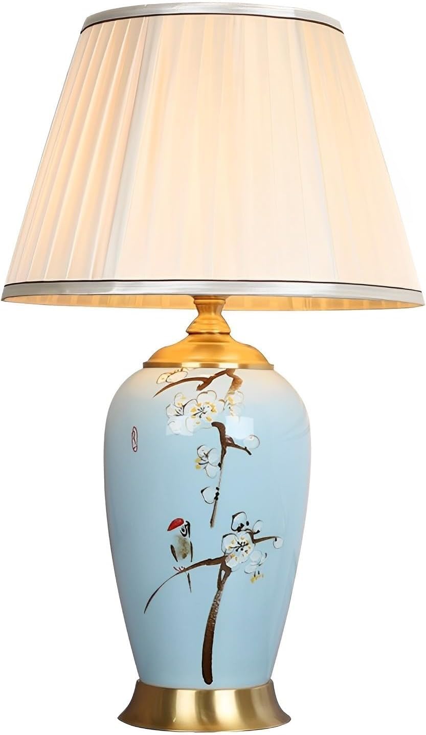 Niebieska ceramiczna lampa biurkowa w stylu chińskim z abażurem z tkaniny marszczonej, wykończenie w kolorze złotym, gwint E26, lampka nocna do salonu, sypialni, gabinetu