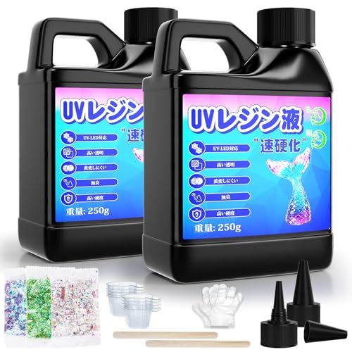 UVレジン液 500g 高い透明 レジン液 大容量 硬化速い UV/LED対応 レジン セット 低刺激性 3種類のグリッター入り DIY レジンコーティング 最適 初心者向けの商品画像（Amazon）