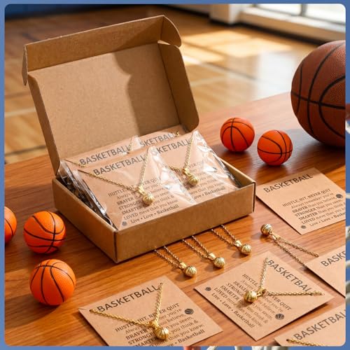 Image of Tondiamo 12 Pcs Soccer Volleyball Basketball Necklace Gifts Sport Team Gift 3D Pendant Necklace with Inspirational Card for Party Favor