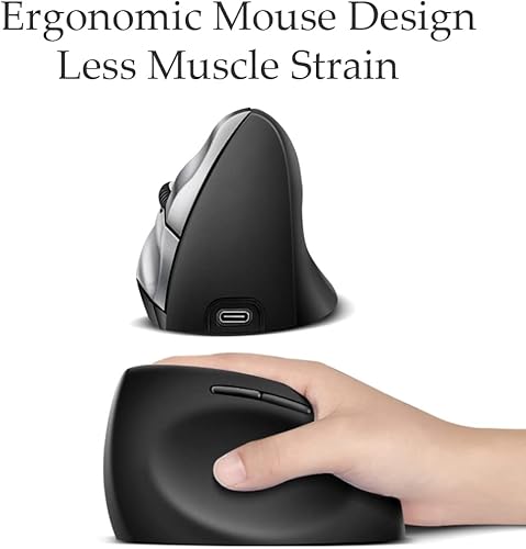 Miniatura 3 de MOZETEGY Ratón ergonómico vertical, inalámbrico, recargable, clics silenciosos, 80012001600 DPI, 5 botones para laptop, computadora de escritorio,