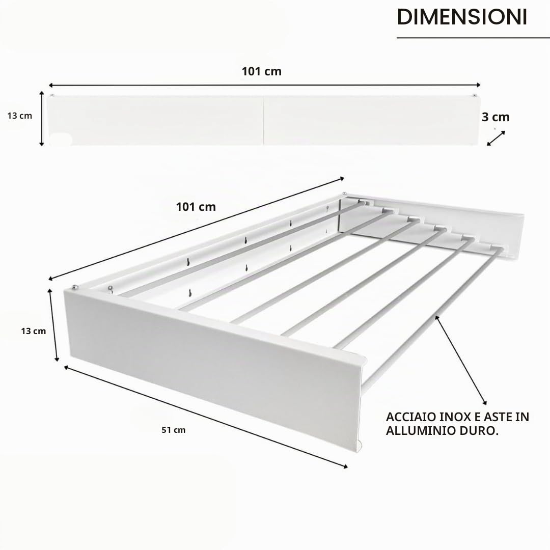 Stendibiancheria da parete retrattile e pieghevole - Spazio efficiente e versatile, carico 30 kg - Design moderno, Bianco 80 Cm (Bianco, 100 cm)