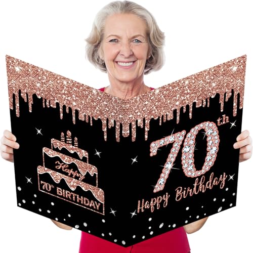 Kuxriox Large 70th Birthday Card With Envelope, Extra Big Guest Book Rose Gold 70th Birthday Greeting Card Women, Giant 70th Bday Card Gifts Party Supplies, Jumbo Seventy Bday Card(14 x 22 IN)