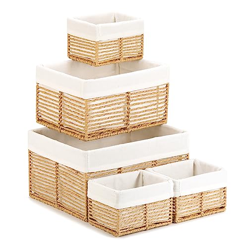 Vagusicc Wicker Storage Basket, Hand-Woven Paper Rope Basket, Rectangular Small Basket for Organizing, Cube Storage Bin for Closet/Clothes/Dresser, Natural, 5-Pack